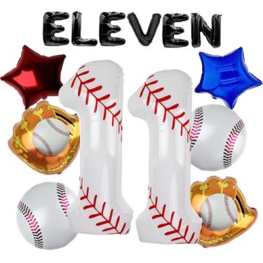 Imagem de Conjunto de balões de beisebol de 101 cm, decorações de festa de aniversário de 11 anos para meninos, balão número 11 de beisebol para suprimentos de festa temática esportiva