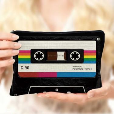 Imagem de Bolsa de maquiagem clássica com design de fita cassete pequena para mulheres, bolsa de cosméticos com listras arco-íris portátil, bolsa de higiene pessoal de viagem de grande capacidade com zíper