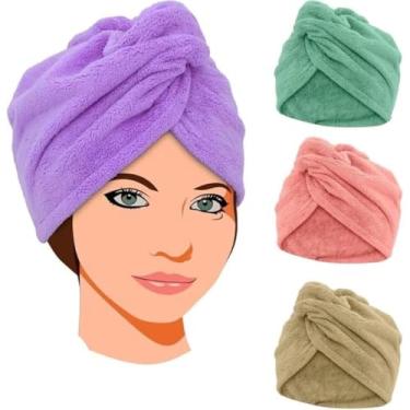 Imagem de Kit 4 Toalhas de Cabelo Microfibra Toalha e Touca Turbante para Secagem Rápida de Cabelos Pós Banho