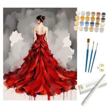 Imagem de Kit de pintura de arte moderna por números para adultos – DIY Mulher em vestido vermelho esvoaçante enrolado em tela 40,6 x 50,8 cm, conjunto de tinta acrílica, adequado para iniciantes, arte para