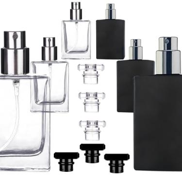 Imagem de BTSuoYe Conjunto de 6 frascos de perfume vazios recarregáveis de 30 ml – 3 atomizadores de vidro quadrados transparentes e 3 pretos com pulverizadores de névoa fina para viagem, aromaterapia (tamanho