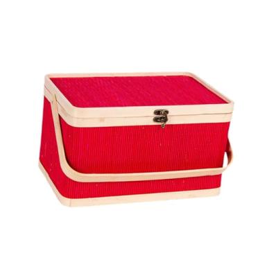 Imagem de Baoblaze Cesta de bambu trançada, multiuso, feita à mão, com tampa e alça, portátil para da lua, lanches, frutas e camping, Vermelho