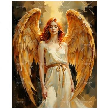 Imagem de Kit de pintura de asas de anjo dourado por números para adultos – DIY pintura de mulher ruiva com asas em tela 40,6 x 50,8 cm, conjunto de tinta acrílica, adequado para iniciantes, arte para decoração