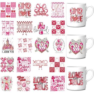 Imagem de Obookey 20 peças de envoltórios de copo UV DTF para dia dos namorados, boho, retrô, religioso, uvdtf, para garrafa de água de 473 ml, adesivos decalque aquarela rosa para mulheres, sua namorada