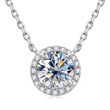 Imagem de Colar Moissanite para mulheres, pingente solitário 1-2 CT prata esterlina 925 colares redondos D-E cor VVS1 claridade ouro branco colares banhados a ouro branco presentes de casamento para o dia das mães, Prata esterlina, Moissanite