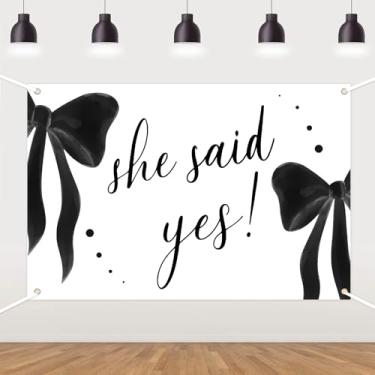 Imagem de Faixa de fundo de noivado She Said Yes, decorações de festa de noivado com laço preto, fundo de proposta de casamento de vinil para chá de panela, decoração de cabine de fotos com tema de arco
