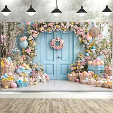 Imagem de Fundo de fotografia floral de primavera, decoração de ovos pastel e coelho com porta azul, cenário de cabine de fotos para festa de Páscoa, sessão de fotos de primavera, celebração familiar e