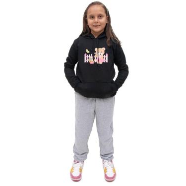 Imagem de Blusa e Calça Moletom Infantil Menina Estampa Urso e Flores Costuras Reforçadas Inverno-Feminino