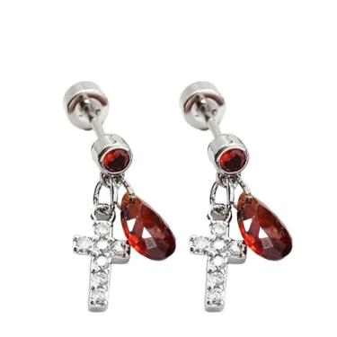 Imagem de Niaspi Brincos pendentes de cruz de cristal 20G para mulheres strass cruz tragus parafuso de cartilagem traseira plana com pingente de gota de zircônia cúbica joia delicada piercing de orelha, 20G