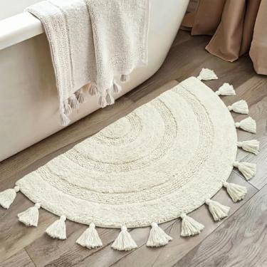 Imagem de Tapete de banheiro boho de meio círculo com borlas, lindo tapete de banho macio feito à mão de algodão boho tapete de crochê antiderrapante absorvente lavável tapete de banho fofo para decoração de