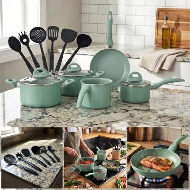 Imagem de Jogo Conjunto de Panelas Antiaderente Mármore 14 Peças com Tampas de Vidro e Acessórios