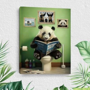 Imagem de Arte de parede de banheiro de panda engraçada, decoração de parede de panda, leitura de jornal em tela de vaso sanitário, quadro de animal emoldurado, estampa de pôster de banheiro, decoração de casa