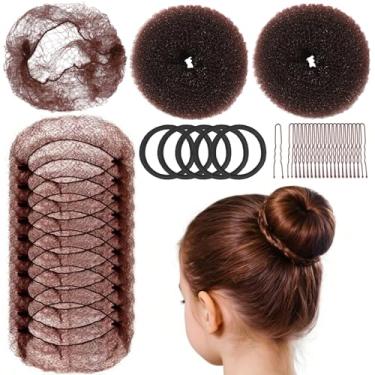 Imagem de Teenitor Rede de cabelo e máquina de coque de donut médio para crianças e mulheres, 10 peças de redes invisíveis de cabelo de 50 cm, 2 peças para fazer coques de cabelo com grampos em forma de U, 20
