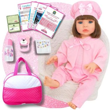 Imagem de Bebê Boneca Reborn Realista Em Silicone Acompanha Bolsa e Pode Tomar B