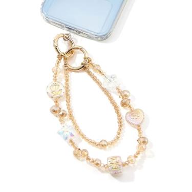 Imagem de WOZEAH Amuleto de telefone para mulheres, cordão de pulso com contas de cristal com aba de corda – Pulseira de corrente de telefone removível antifurto com as mãos livres (champanhe vintagne)