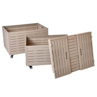 Imagem de Armazenamento Caixa de armazenamento dobrável em PP com rodas de grão de madeira falsa: 150-200L de grande capacidade para casa/brinquedo de jardim/frutas(820 * 600 * 460mm)