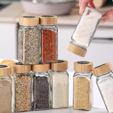 Imagem de Frascos de tempero de vidro com tampas herméticas - Garrafas quadradas com tampas de coqueteleira - Frascos vazios transparentes de tempero com etiquetas pré-impressas para prateleira, gaveta e