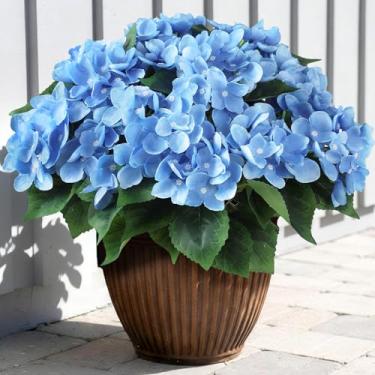 Imagem de FOTEEWL 16 pacotes de flores artificiais de hortênsia para decoração ao ar livre, buquês de seda falsa realistas, resistentes ao sol, plantas falsas para porta da frente, varanda, quinta, jardim, casa