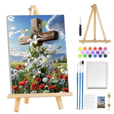 Imagem de MOGTAA Kit de pintura de Páscoa por números para adultos iniciantes com moldura, cruz com flores, kits de pintura por números em tela com cavalete, kits de pintura a óleo DIY fáceis para decoração de