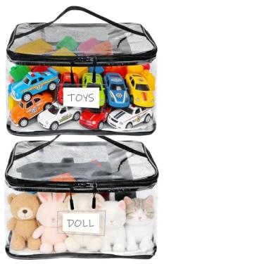Imagem de Pacote com 2 sacos transparentes de armazenamento de brinquedos com zíperes e etiquetas, estojo organizador de brinquedos de PVC à prova d'água com malha dupla, cubo de viagem empilhável reutilizável