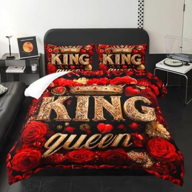 Imagem de lneffble Jogo de cama Queen com estampa de rosa vermelha, ouro e vermelho, tamanho Queen, 1 edredom com 2 fronhas