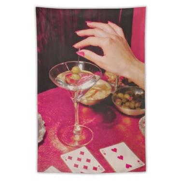 Imagem de Tapeçaria Vintage Martini Olive Poker Cartão de Pôquer Rosa Brilhante Mesa Temática Decoração Estética Chique Festa Decoração Para Sala de Estar Quarto Elegante Decoração de Lazer Ornamento 40 x 60