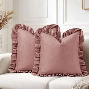 Imagem de JIUZHEN Capas de almofada de veludo 55 x 55 cm, capas decorativas para sofá, cama, sala de estar, rosa selvagem, conjunto de 2 com babados