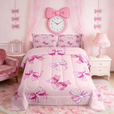 Imagem de Homewish Conjunto de cama solteiro com laço rosa, 2 peças, desenho animado de bolinhas, listras, laço, conjunto de edredom para crianças, meninas, adolescentes, estilo princesa, conjunto de edredom