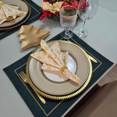 Imagem de Kit Jogo Americano Dupla Face (4 lugares) Tecido Impermeável Verde com Dourado + 4 Porta Guardanapos | Mesa Posta