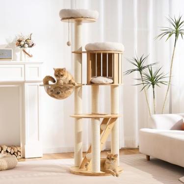 Imagem de Árvore de gato moderna para gatos grandes com poste arranhador para uso interno, torre multifuncional de madeira maciça para gatos com condomínio, cama, escada, cápsula espacial, bola pendurada