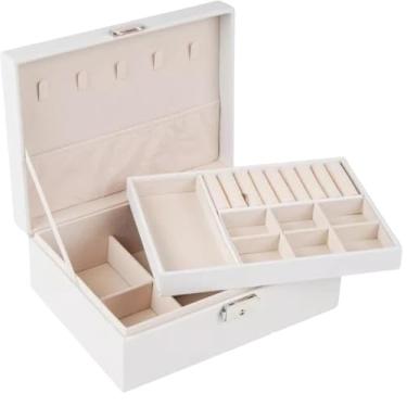 Imagem de Porta-Joias com Chave – Organizador Elegante com Divisórias, Porta-Anéis, Ganchos para Colares e Estojo Luxo para Viagem e Bancada (Branco/Off)