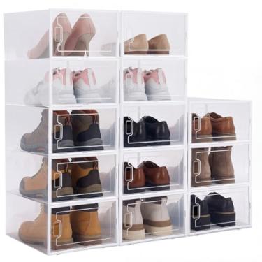 Imagem de CroBlissful Pacote com 12 caixas grandes de armazenamento de sapatos, tamanho 10, organizador de sapatos transparente com tampas, compartimento de armazenamento de tênis dobrável horizontalmente