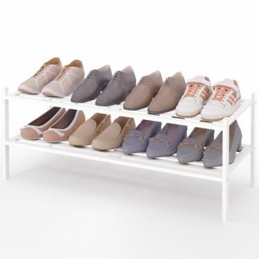 Imagem de Smiry Sapateira longa de bambu de 2 camadas, organizador de sapatos empilhável de madeira para entrada e armário, prateleira de armazenamento de sapatos de madeira independente para porta da frente e