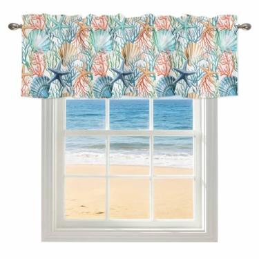 Imagem de Cortinas curtas de estrela do mar para janelas, azul oceano náutico costeiro bolso canoa curta saia de cozinha para quarto, banheiro, sala de estar, coral colorido, tratamento de janela pequena, 1