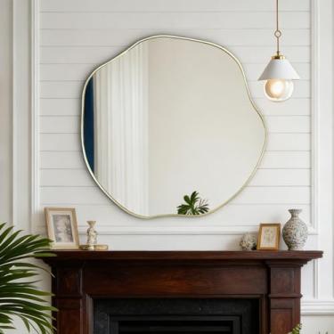 Imagem de POZINO Espelho de banheiro irregular, espelho de formato único, espelho de parede assimétrico de 76 cm, espelho redondo moderno para sala de estar, quarto, entrada e lareira