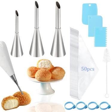 Imagem de LLMSIX 3 pontas de enchimento de creme com 50 sacos de cobertura, conjunto de sacos de confeitar e pontas, ferramenta de enchimento de cupcake para fazer cupcakes, rosquinhas folhadas com enchimentos
