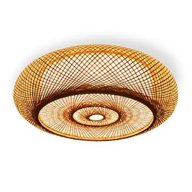 Imagem de Luminária de teto retrô com LED, estilo vintage, para sala de jantar, pendente, lustre redondo, iluminação de teto com cúpula de bambu e rattan natural, luminária suspensa para quarto ou esc