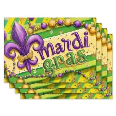 Imagem de Jauageon Jogo americano Happy Mardi Gras, conjunto de 4 tapetes de mesa com contas de baile de máscaras de flor de lis, para ambientes internos e externos, casa, festa, cozinha, jantar, decoração de