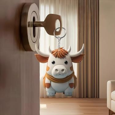 Imagem de Chaveiro de acrílico de vaca de desenho fofo - chaveiro de animal estampado plano para chaves, bolsas e acessórios de carro, porta-chaves decorativo durável/YSK-21
