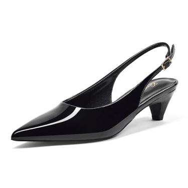 Imagem de GENSHUO Sapato feminino de bico fechado, salto cônico, bico fino, salto gatinho baixo de 5 cm com alça ajustável para trabalho, festa de casamento, Patente preta, 36