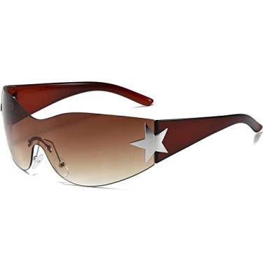 Imagem de AIEYEZO Óculos de sol modernos sem aro Y2K para mulheres e homens anos 2000, óculos de sol estilo envolvente, óculos de sol modernos Y2K, Marrom / marrom dégradé, MM