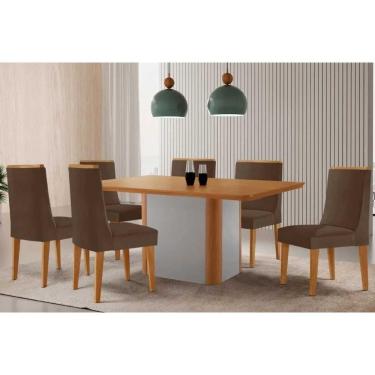 Imagem de Conjunto: Mesa Sala Jantar Pietá c/ Tampo Madeirado Canto Curvo 180x90cm e 6 Cadeiras Dakota Naturale/Off White - Suede Marrom - Rufato