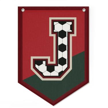 Imagem de Arte de parede com faixa de futebol letra J, decoração de quarto de meninos, bandeira de galhardete com nome vintage para berçário, quarto infantil, sala de jogos, decoração de parede para berçário