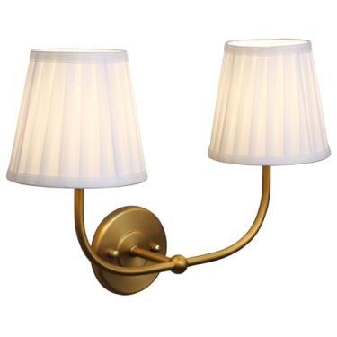 Imagem de PERMO Arandela de parede vintage dupla dourada com listras brancas plissadas cortinas de tecido retrô 2 luzes arandela com fio para sala de estar quarto corredor