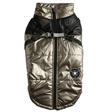 Imagem de Jaqueta de inverno para cachorro, espessamento quente, gola solta, busto, cinta reflexiva, casaco para clima frio para cães médios e grandes, poliéster, algodão, preto e dourado (4XL)