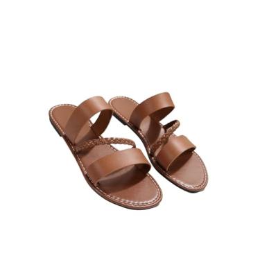 Imagem de OYOANGLE Sandálias rasas femininas trançadas com tiras abertas sandália deslizante confortável sapatos de praia, Marrom, 35