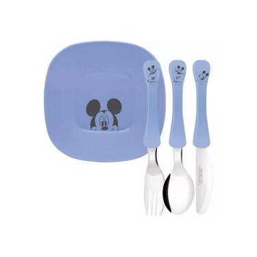 Imagem de Prato Tigela Bowl Talheres Refeiçao Infantil Mickey Azul 5un