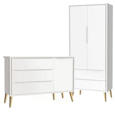 Imagem de Guarda Roupa 2 Portas E Cômoda Com Porta Theo Branco Fosco Pés Madeira Natural Reller Móveis Branco Fosco