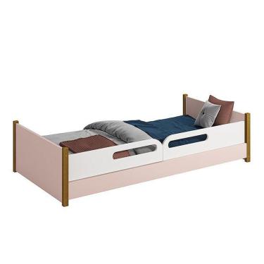 Imagem de Cama Evolutiva Ravi Rosa Fosco Com Pés Amadeirado E Proteção Lateral Usinada - Reller Móveis Rosa Fosco