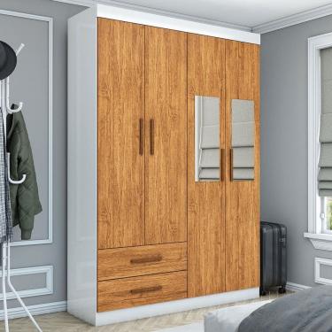 Imagem de Guarda-Roupa Solteiro Solo 4 Portas 2 Gavetas com Espelho Branco/Cinamomo - Pnr Móveis